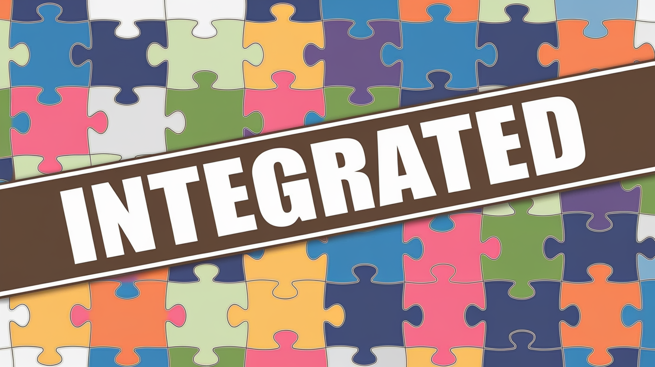 cartoon image "integrated" written boldly in white across the center of a puzzle as the image as the focal point. the puzzle makes up the entirety of the image with the word "integrated" as part of the almost completed puzzle. the puzzle pieces are vibrant and colorful and large.