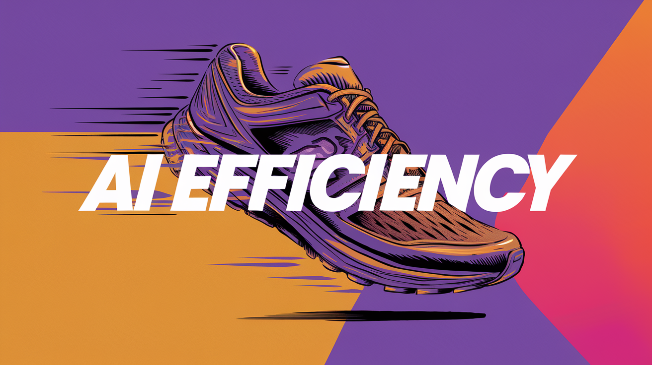 Create a two-Dimensional drawing of a running shoe with the text "ai efficiency" written in white bold letters across the running shoe. The image convey a sense of speed and efficiency the background is a bright shade of purple and orange