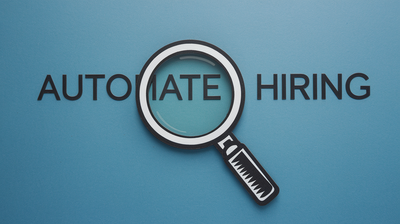 A 2d cutout cartoon of a magnifying glass on a blue background with the text "Automate Hiring" The text is written in bold in across the entirety of the center of the image