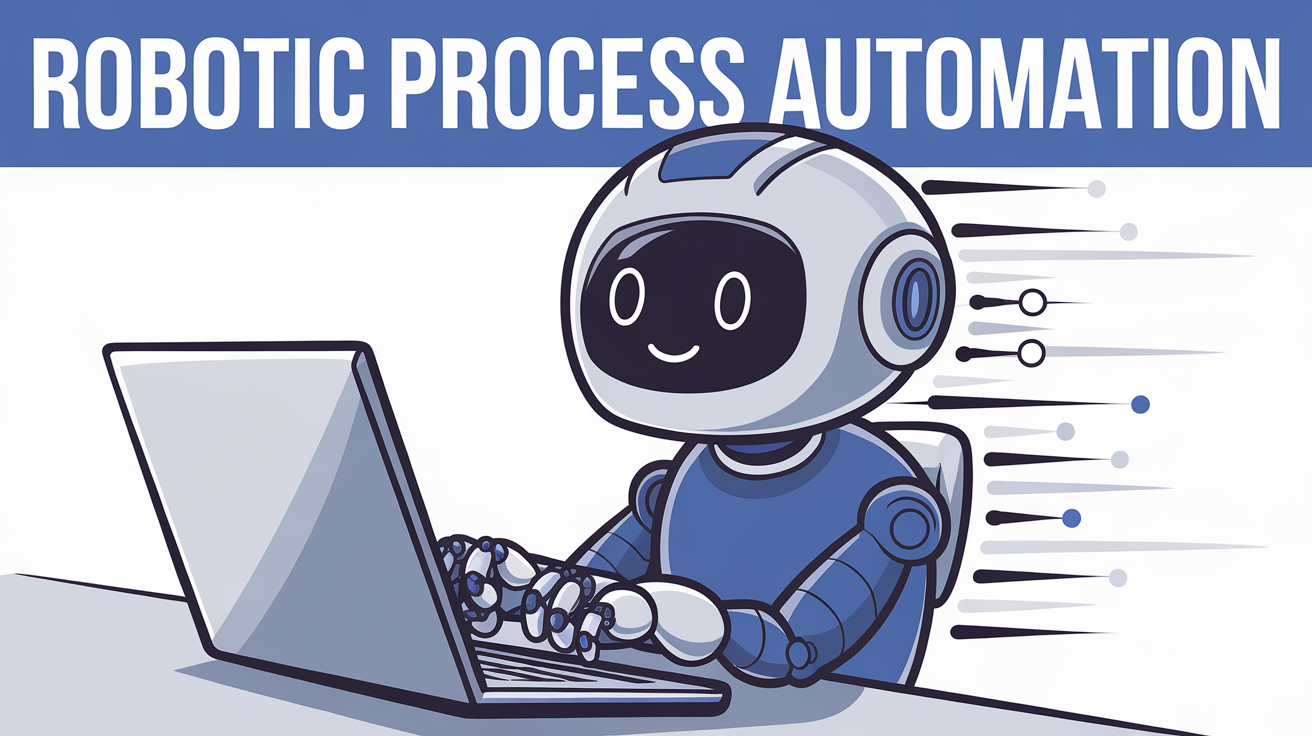 an illustration with a simplified cartoon cute robot at work on a laptop the "robotic process automation"  written across the center of the image. The text is white and bold. The overall image has a modern and techy vibe, with elements of speed and accuracy .