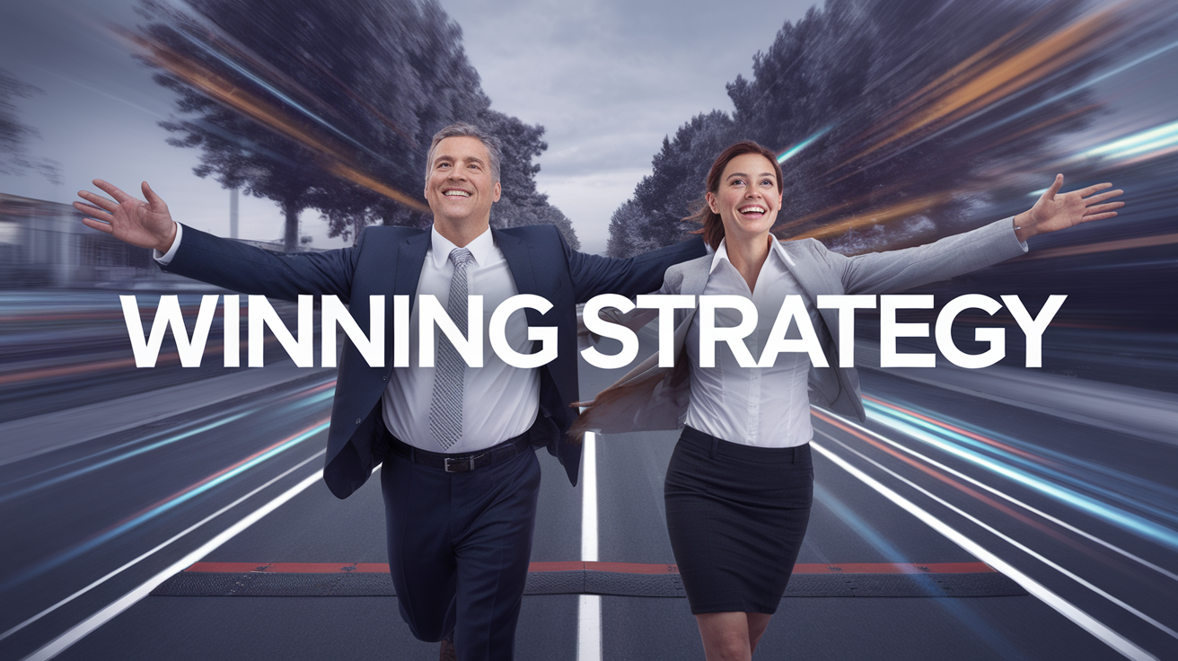 A Ultra realistic photograph of a middle-Aged businessman and attractive middle-aged business woman at the finish line arms outstretched -> the background is a united States Suburban tree-Lined -> the text "Winning strategy"  written across the center of the image. The text is white and bold. The overall image has a modern vibe, with elements of urgency and excitment.