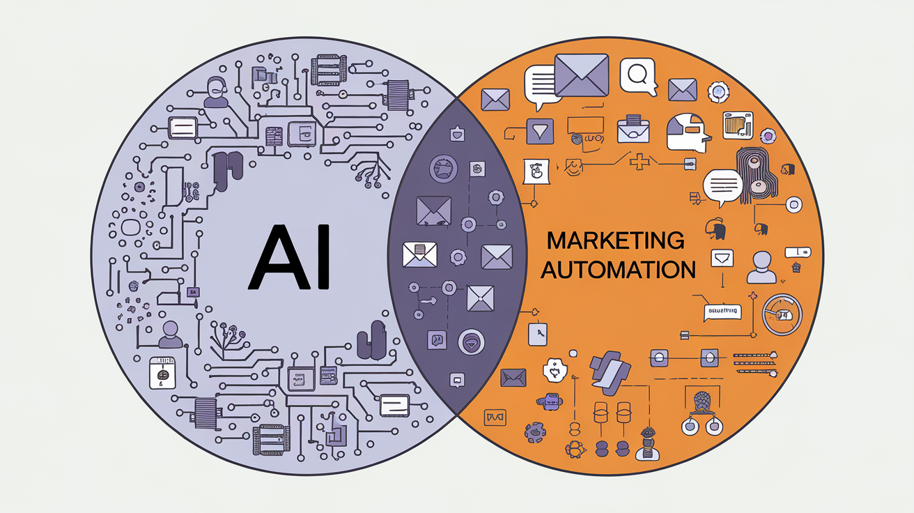 A simple cartoon illustration of Venn diagram with two overlapping circles. Circle 1: text "AI" over one of the circles and fill it with symbols representing AI such as circuits, neural networks, data streams->. Circle 2: text "Marketing Automation" displayed over a circle filled with symbols representing marketing  email icons, social media logos, customer profiles.