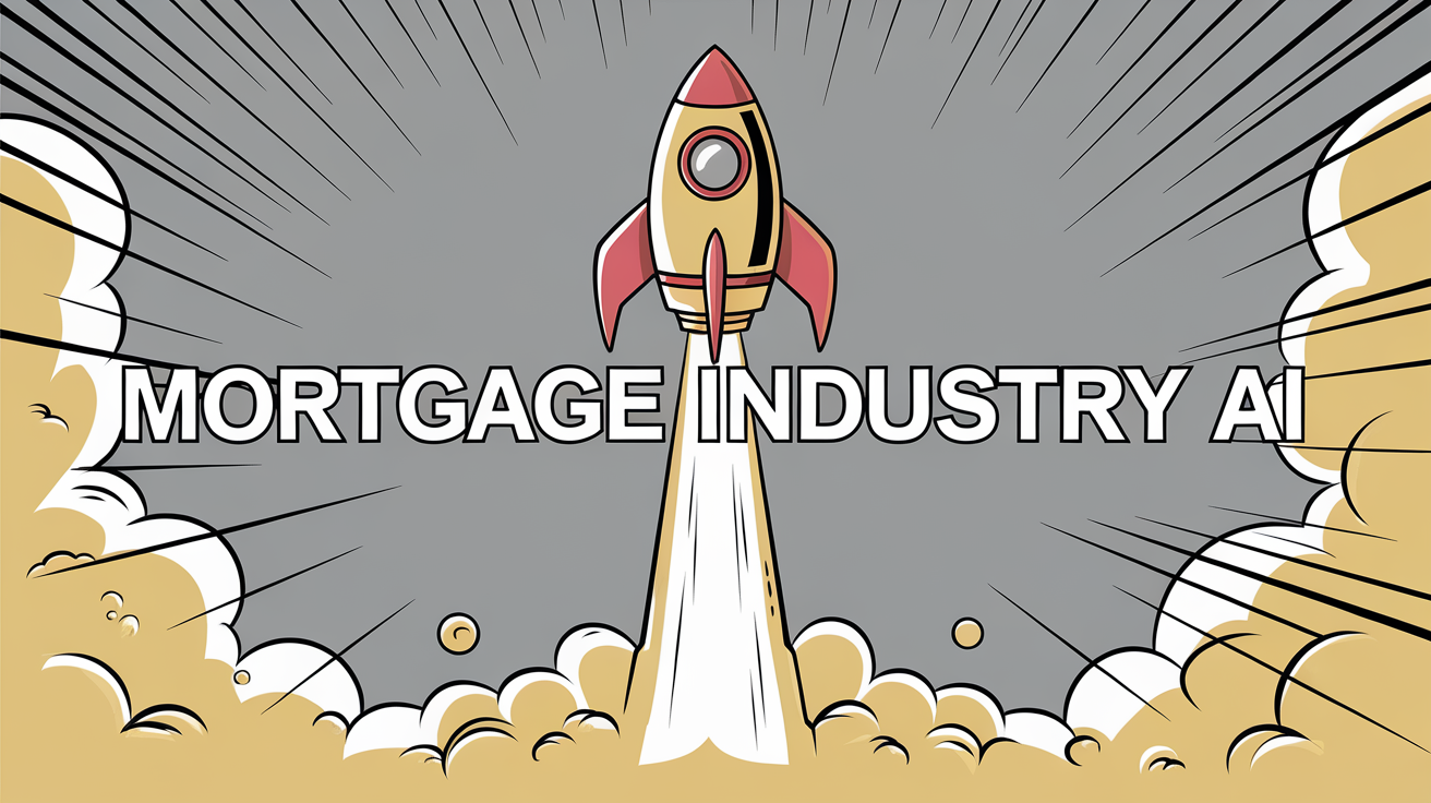 A simple cartoon illustration of a rocket ship launching upwards, representing the rapid advancement of AI in the mortgage industry.-> the text "mortgage Industry ai" is written at the center of the image -> the text is white and bold-> the image has an overall modern and techie Vibe with elements of speed