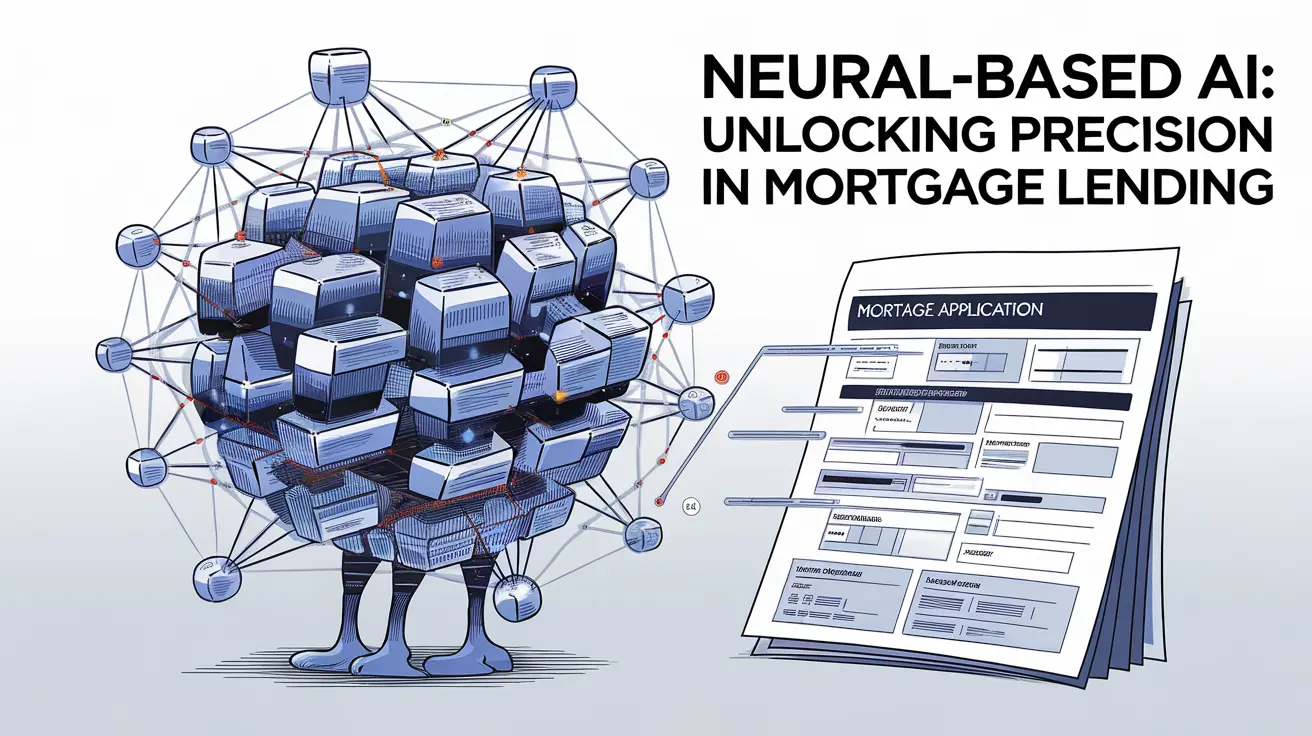 a cartoon illustration of A close-up of a neural network, depicted as a complex web of interconnected nodes, analyzing a mortgage application. The tagline 'Neural-based AI: Unlocking Precision in Mortgage Lending' is displayed."