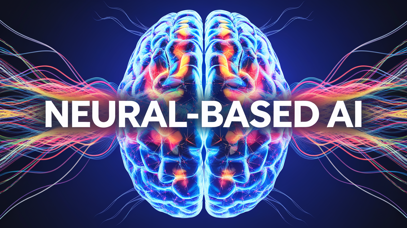 A psychedelic illustration of the human brain -> Vibrant depictions of connections made-> the text is emanating from the human brain -> the text "Neural-based AI" is written in large bold white lettering across the center of the image -> 