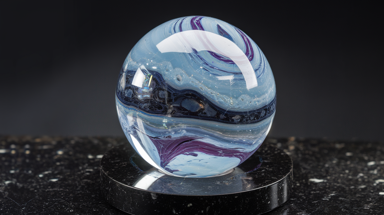Ultra realistic photograph close up shot of a crystal ball on a black granite tabletop -> the crystal ball takes up 80% of the image -> the background is dark