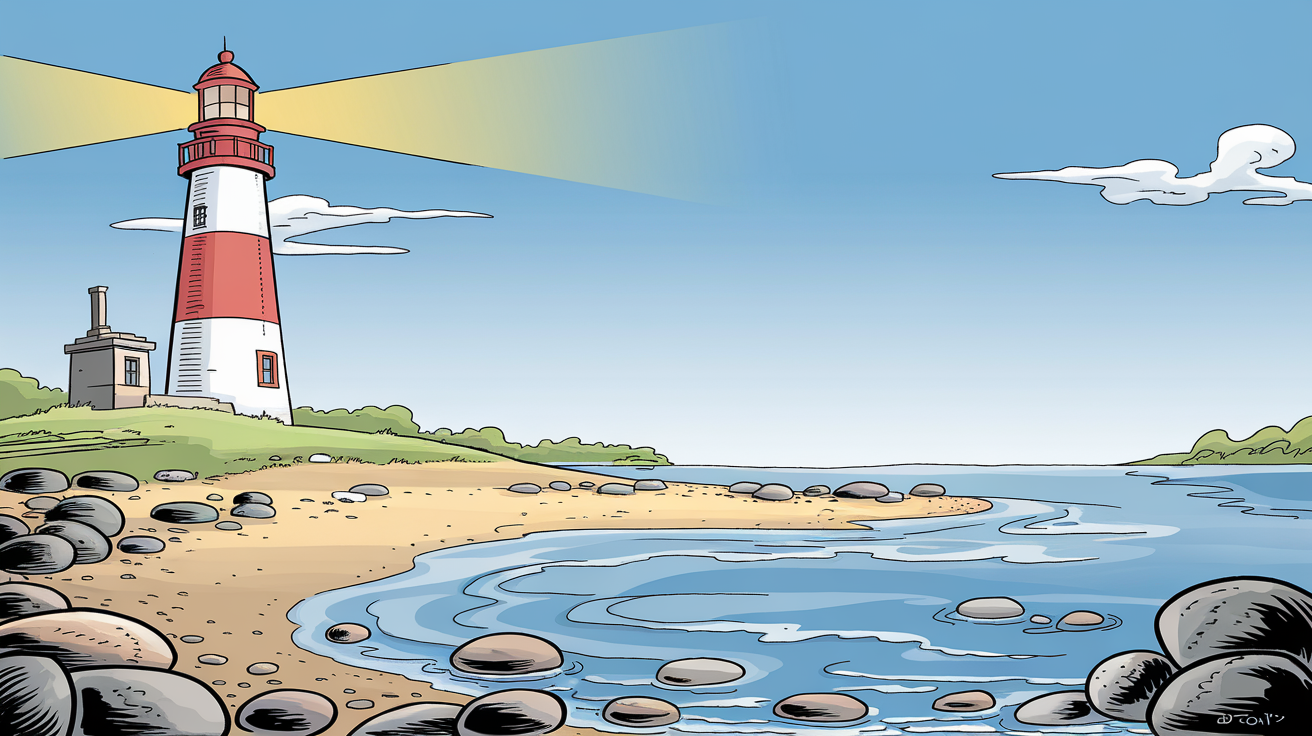 Comic cartoon illustration of a lighthouse -> the setting is a peaceful Beachside the overall Vibe is peaceful and tranquil