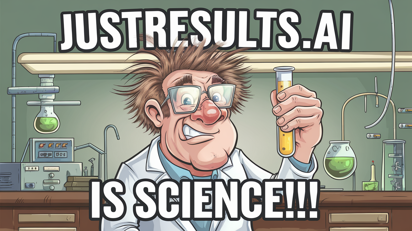 Comic cartoon illustration A quirky scientist in a white lab coat "JustResults.ai" written boldy in white letter at the top of the image. -> the text "is science!!!" is written in white bold text in the center of the image