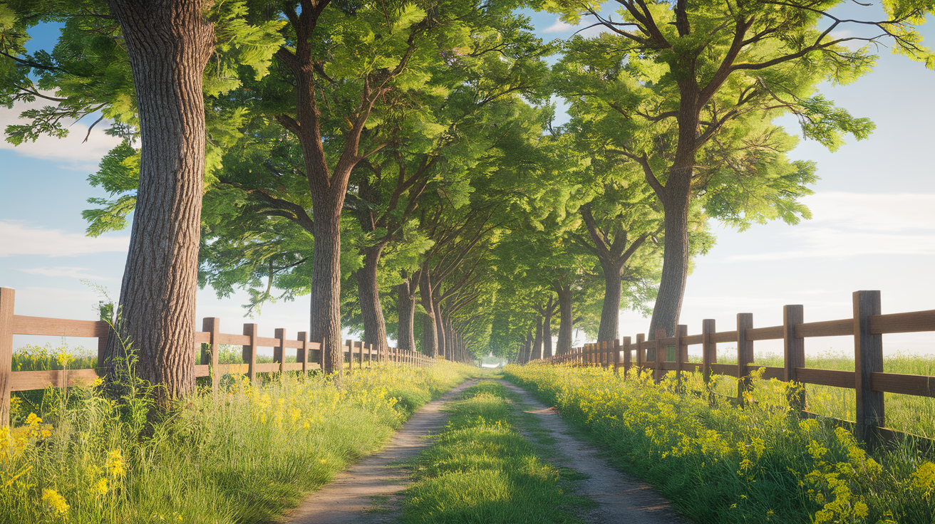 a vibrant realistic illustration of a peaceful tree-lined country path