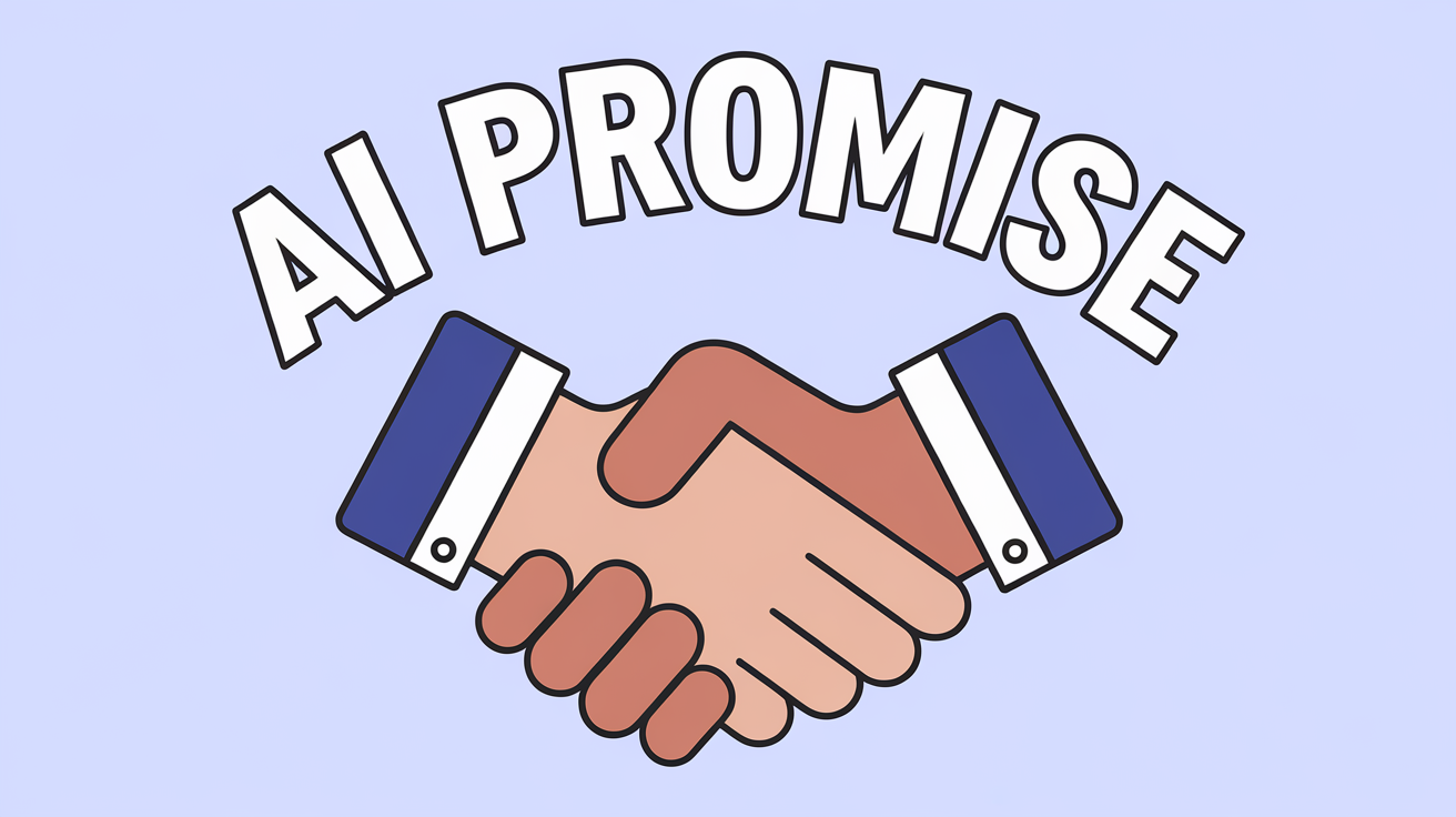 Two hands shaking with the text AI promise written boldly in white lettering across the top of the image