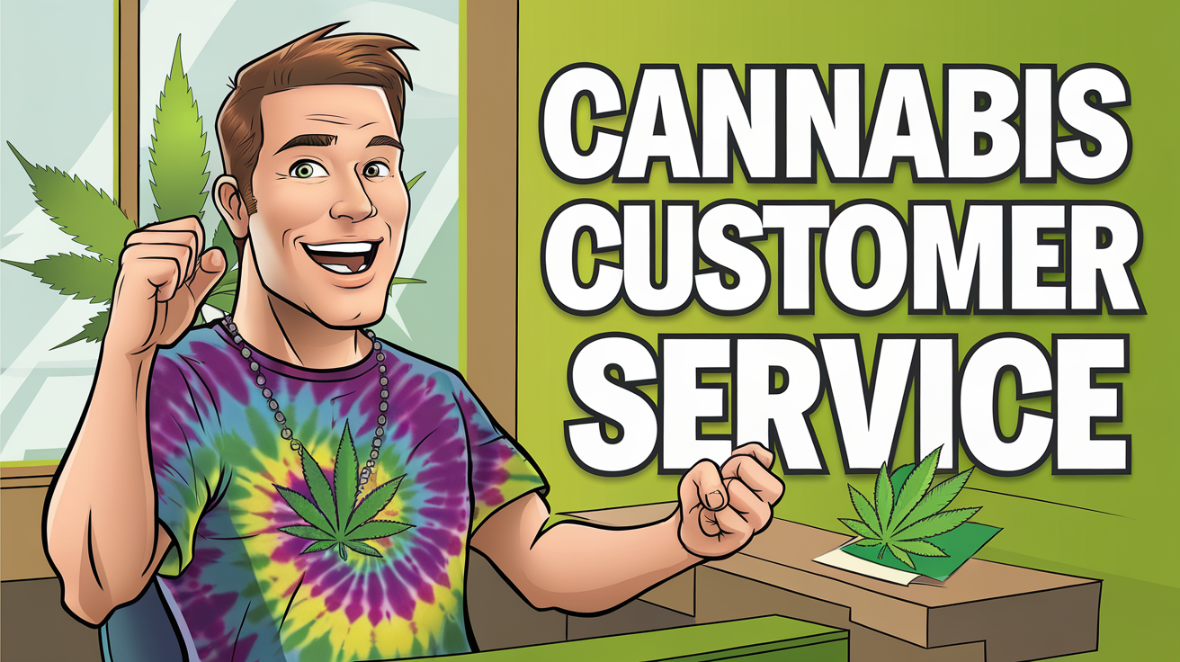 A comic cartoon image -> the image is of a Happy hippie customer service representative in the cannabis industry - > the text " cannabis customer service" is written in bold white lettering in the center of the image