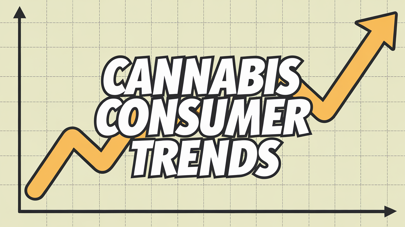 A comic cartoon image -> the image is line graph representing sales - > the text "Cannabis consumer Trends" is written in bold white lettering in the center of the image
