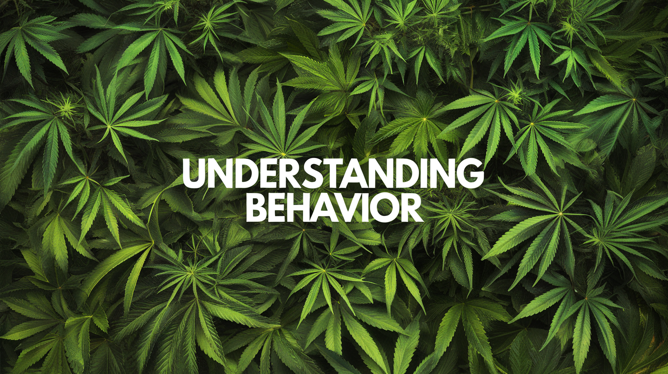 A Ultra realistic image of -> Several single cannabis leaves of various sizes various shades of vibrant greens Filling up the entirety of the background > the text "Understanding behavior" is written in bold white lettering in the center of the image