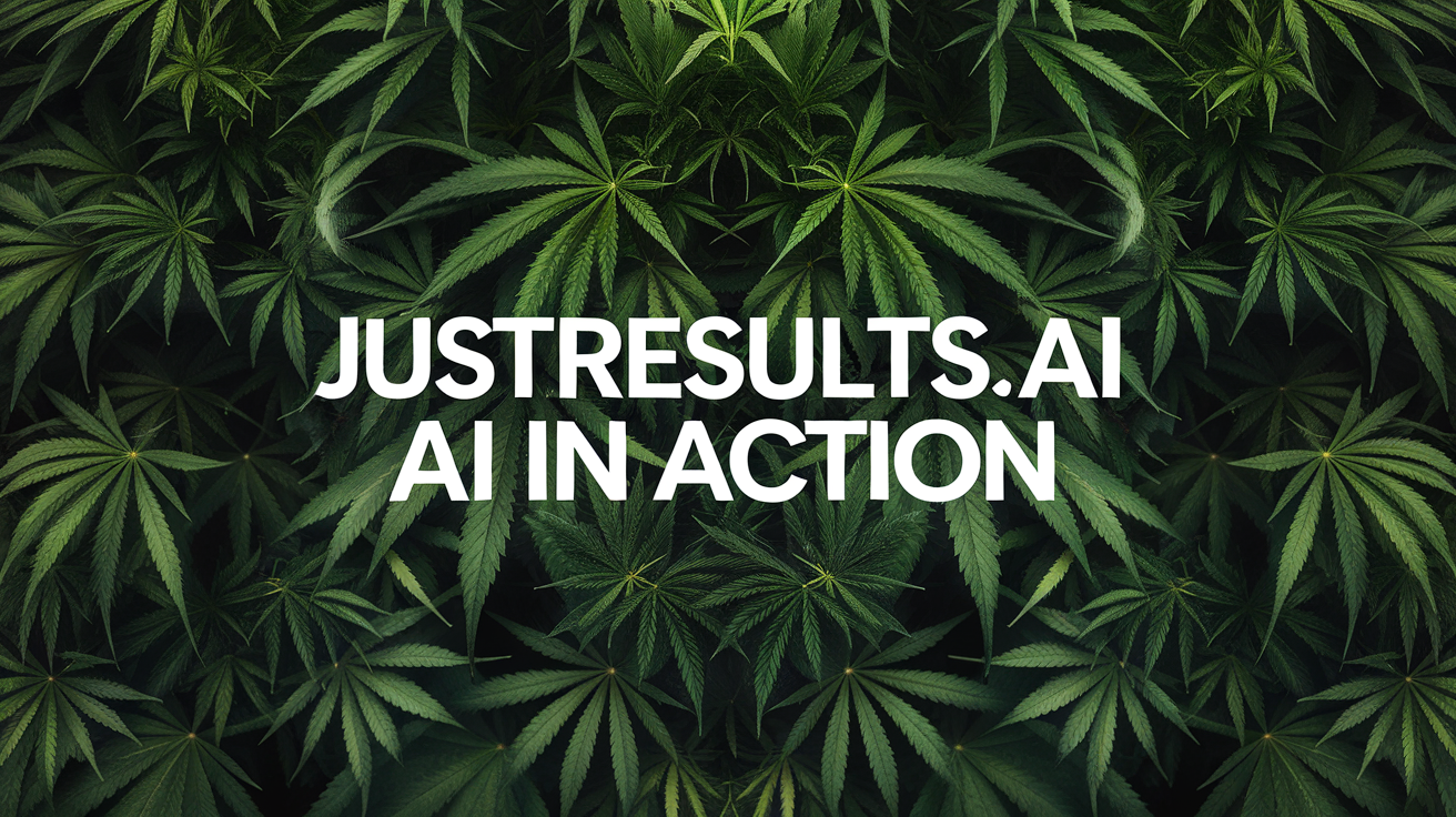 A Ultra realistic image of -> cannabis leaves Filling up the entirety of the background > the text "JustResults.ai AI in action" is written in bold white lettering as the primary focal point across the entirety of the center of the image