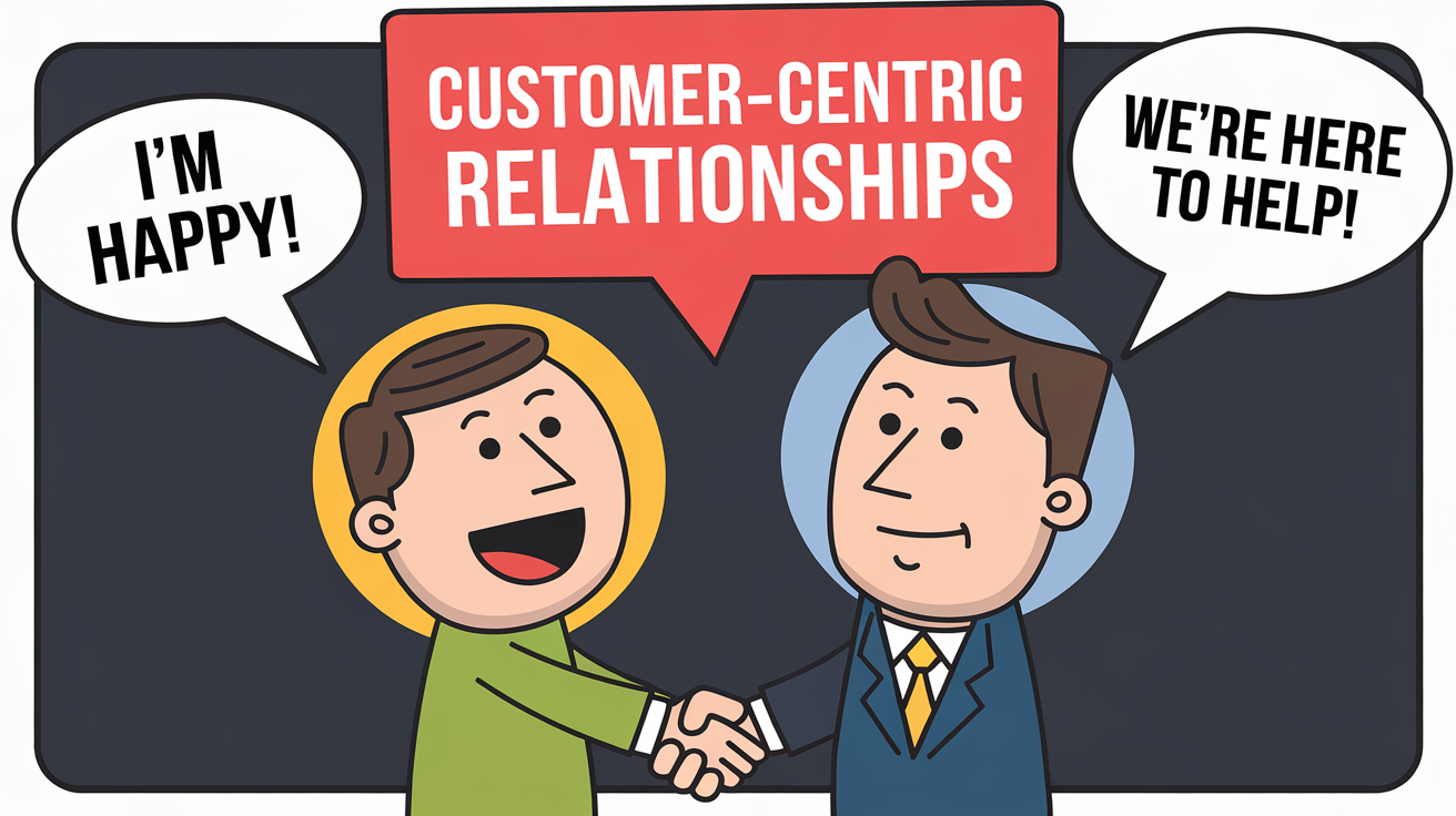 modern cartoon illustration -> of the  "customer-centric relationships" in bright red lettering outlined in white on a dark gray cutout background
