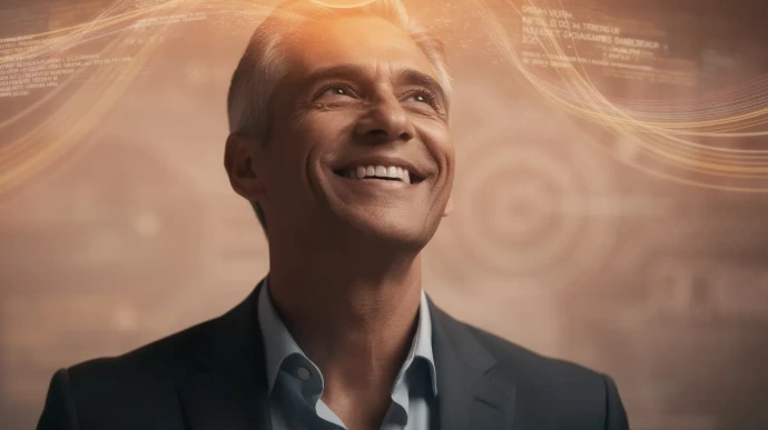 Prompt: Highly cinematic, low-angle close-up shot of a professional's hand, calm and confident, resting lightly on a clean desk next to a perfectly organized stack of digital-looking notebooks. The background is slightly blurred (bokeh) with a sense of modern control and order. Aspect ratio 16:9.