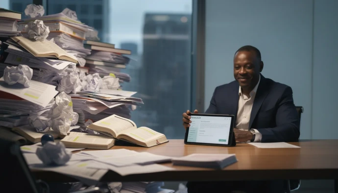 Wide-angle 16x9 cinematic shot. The subject is a middle-aged African American businessman seated at a large desk. The left two-thirds of the frame show extreme information overload: a chaotic, massive pile of papers, open books, and scattered documents. The right third is clean, sharply focused on the user's face, who looks calm and confident while interacting with a single, organized tablet displaying the NotebookLM interface. The composition must strongly symbolize the reduction of Mental Effort achieved through clarity.